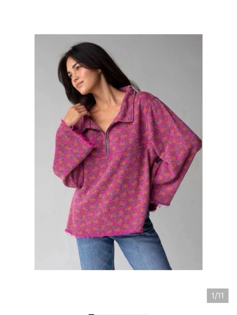 NATURAL LIFE Easy Does It Pink Floral Half-Zip Pullover Sweatshirt